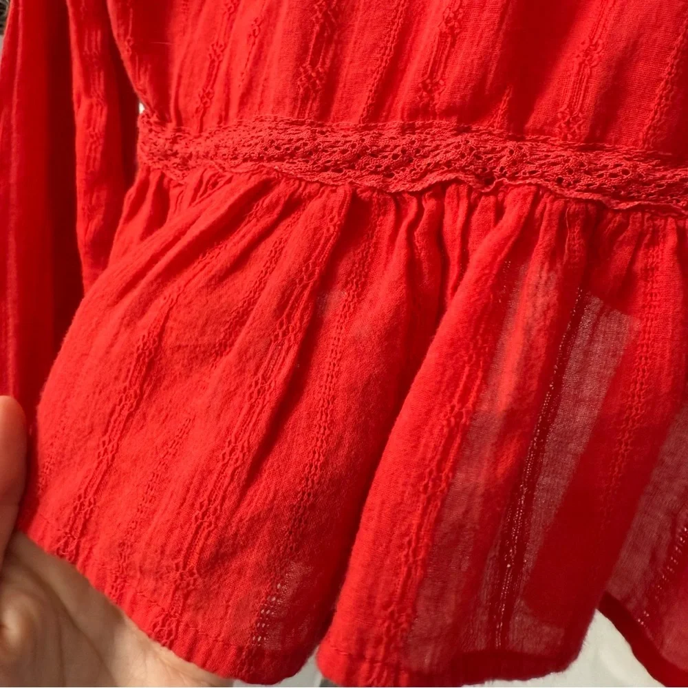 Sold Free People Cotton Lace Longe sleeve cover blouse Red Top - Picture 8 of 9